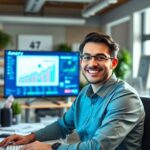 Pessoa confiante em escritório moderno, com dispositivos digitais e ambiente organizado, simbolizando produtividade.