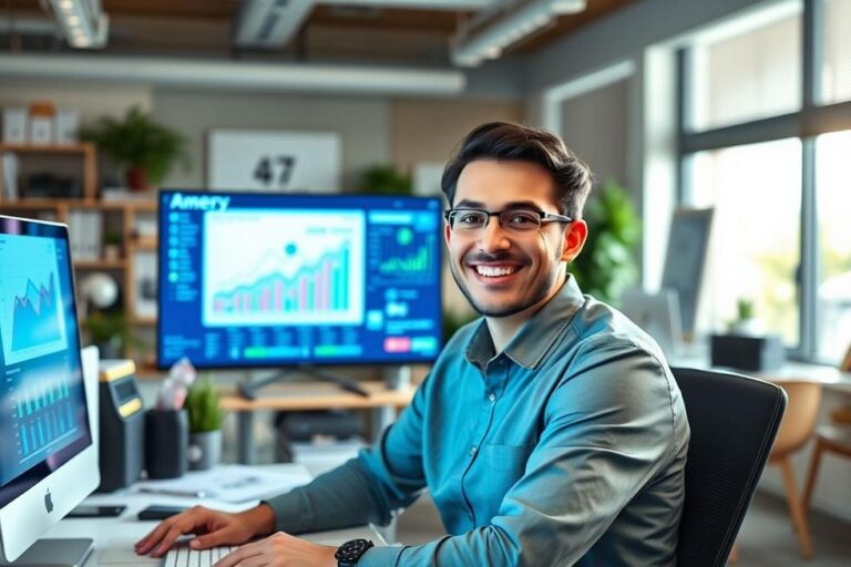 Pessoa confiante em escritório moderno, com dispositivos digitais e ambiente organizado, simbolizando produtividade.