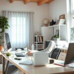 Pessoa trabalhando em mesa organizada de home office com luz natural, ambiente inspirador e calmante.