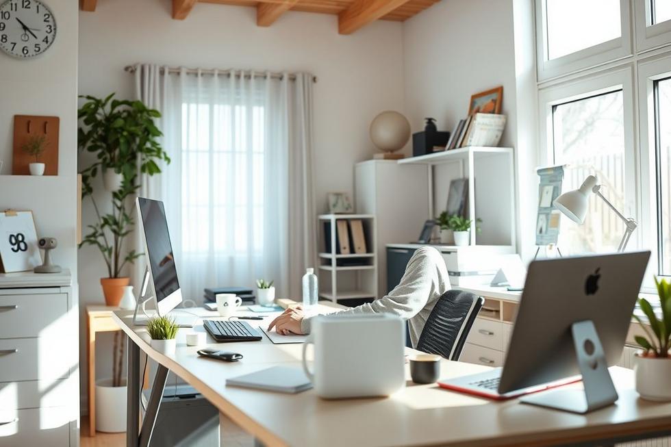 Pessoa trabalhando em mesa organizada de home office com luz natural, ambiente inspirador e calmante.