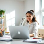 Pessoa trabalhando em laptop em ambiente iluminado e organizado, transmitindo foco e eficiência.
