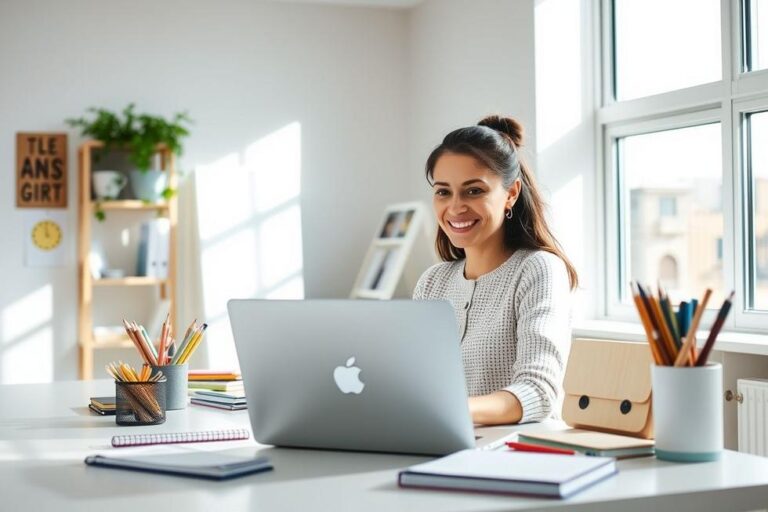 Pessoa trabalhando em laptop em ambiente iluminado e organizado, transmitindo foco e eficiência.