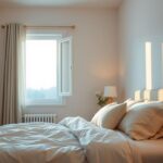 Quarto iluminado pela luz natural do amanhecer com cama aconchegante, simbolizando descanso e renovação.