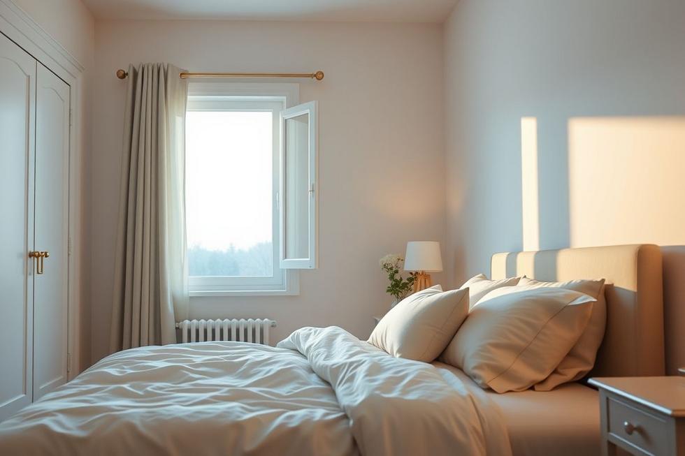 Quarto iluminado pela luz natural do amanhecer com cama aconchegante, simbolizando descanso e renovação.