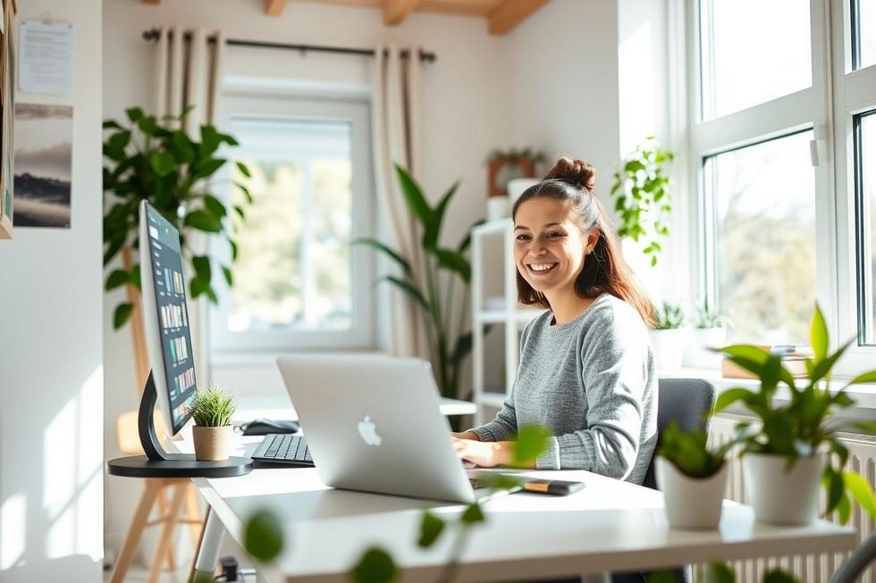 Espaço de trabalho caseiro iluminado e organizado com pessoa feliz e focada.